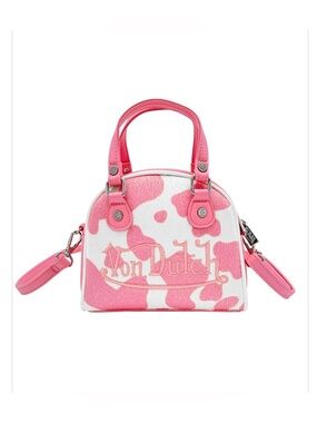 Von Dutch Pink and Cream Cow Print Mini Bowling Bag Purse. ♥️